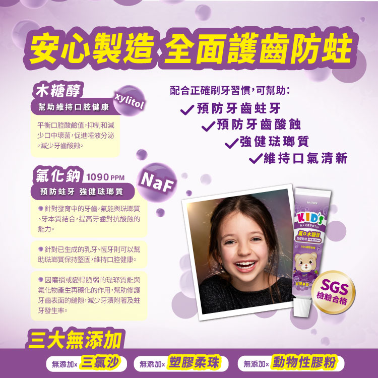【白人】白人兒童牙膏50gX1支(葡萄) 【買1送1】贈送白人熊貓卡通牙刷1支(刷柄顏色【任選】)