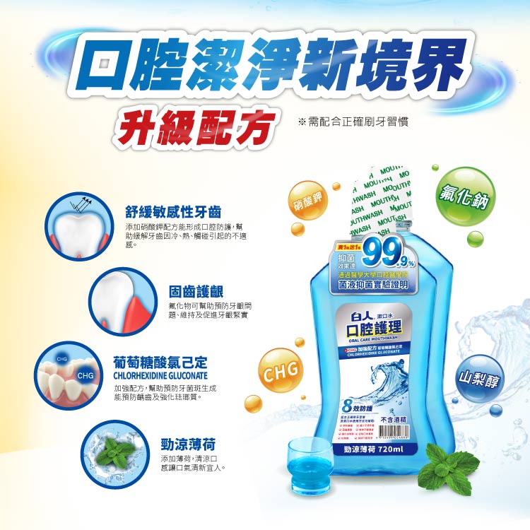 【白人】口腔護理勁涼漱口水720mlX2入組 【買就送】白人洗手露300mlx1【超商單筆限3組】