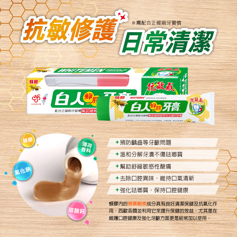 【白人】蜂膠牙膏牙刷組170g加贈牙間刷 【新品試用】